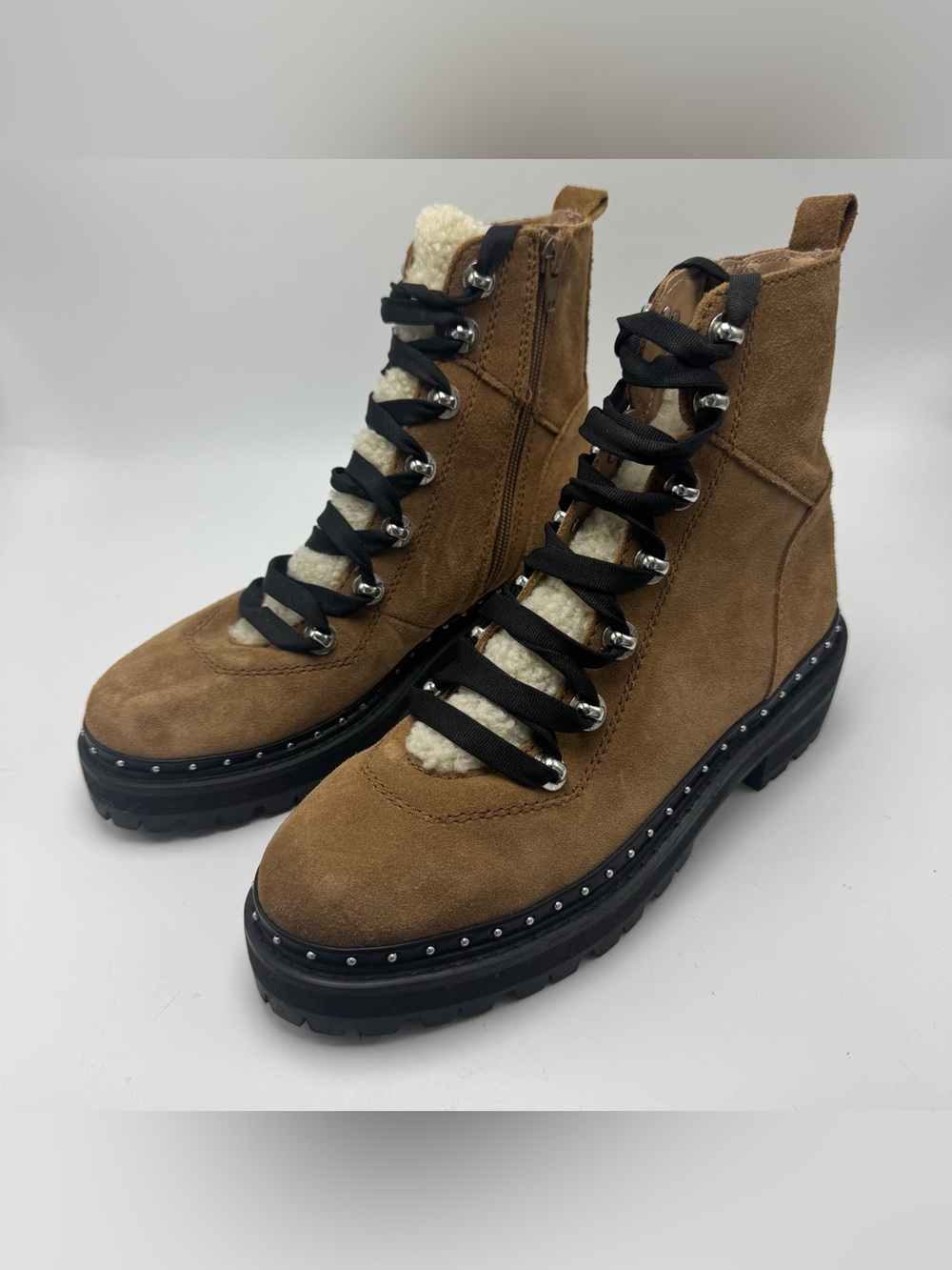 Steve Madden Rainer Boots Women’s 7.5 Brown Suede Sherpa Lug Sole Studded